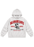 A white pullover hoodie featuring a vintage-style graphic print on the front. The design includes the words 'BILLIONAIRE SAINTS' in large red letters, 'VINTAGE DREAMS' underneath, a black-and-white illustration of a man holding a briefcase, 'TIMELESS JOURNEY' in red, and 'CREATE YOUR UNIVERSE DREAM BIG & BELIEVE' with black stars at the bottom.