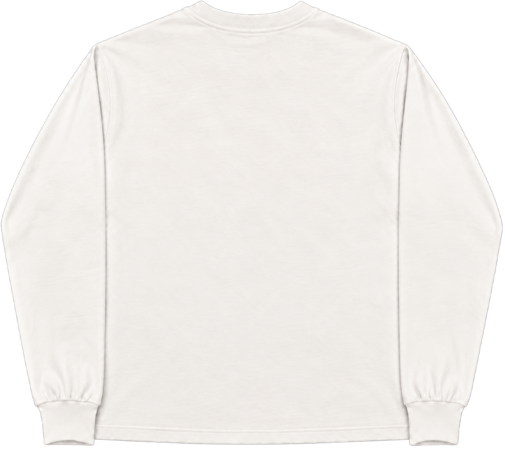 A plain off-white long-sleeve crewneck shirt shown from the back, featuring ribbed cuffs and a clean silhouette on a white background.