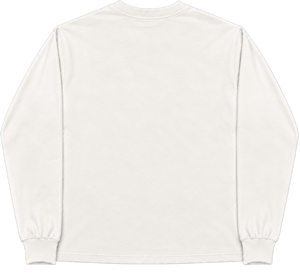 A plain off-white long-sleeve crewneck shirt shown from the back, featuring ribbed cuffs and a clean silhouette on a white background.