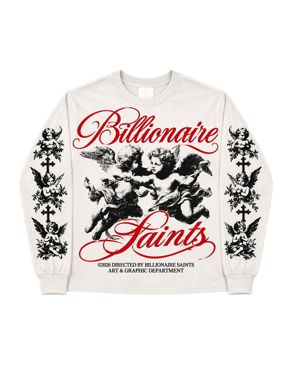 An off-white crewneck sweatshirt featuring a graphic print of cherubs with the text 'Billionaire Saints' in red cursive, flanked by black and white angel and cross illustrations on the sleeves.
