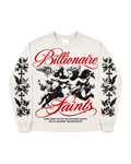 An off-white crewneck sweatshirt featuring a graphic print of cherubs with the text 'Billionaire Saints' in red cursive, flanked by black and white angel and cross illustrations on the sleeves.