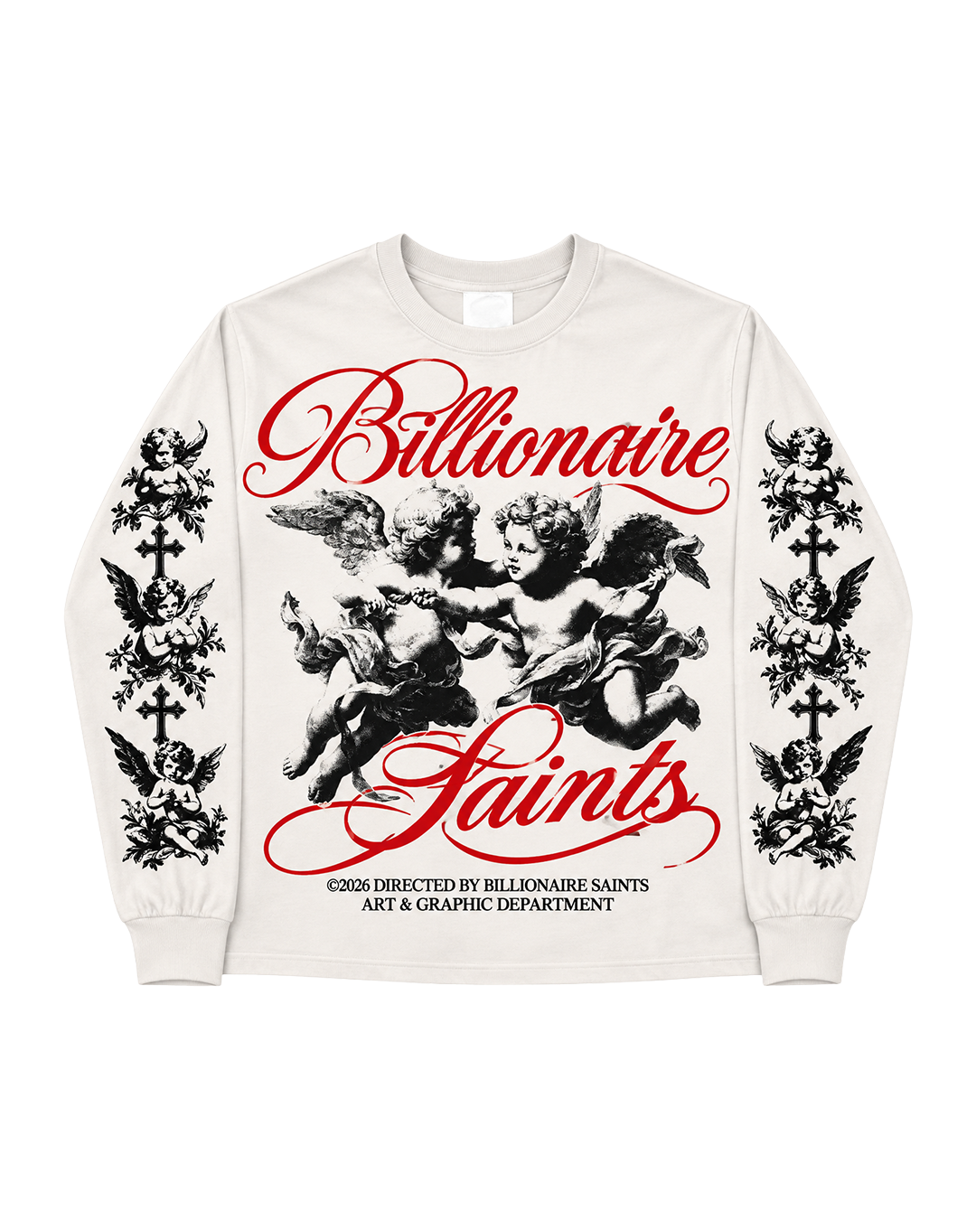 An off-white crewneck sweatshirt featuring a graphic print of cherubs with the text 'Billionaire Saints' in red cursive, flanked by black and white angel and cross illustrations on the sleeves.